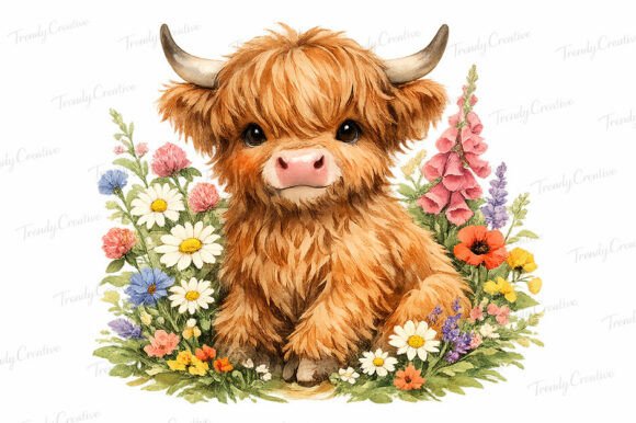 Download Watercolor Highland Cow Wildflower PNG - Premium Resources